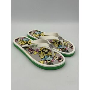 Ed Hardy White Green Multi-Color Graphic Flip Flop Sandals